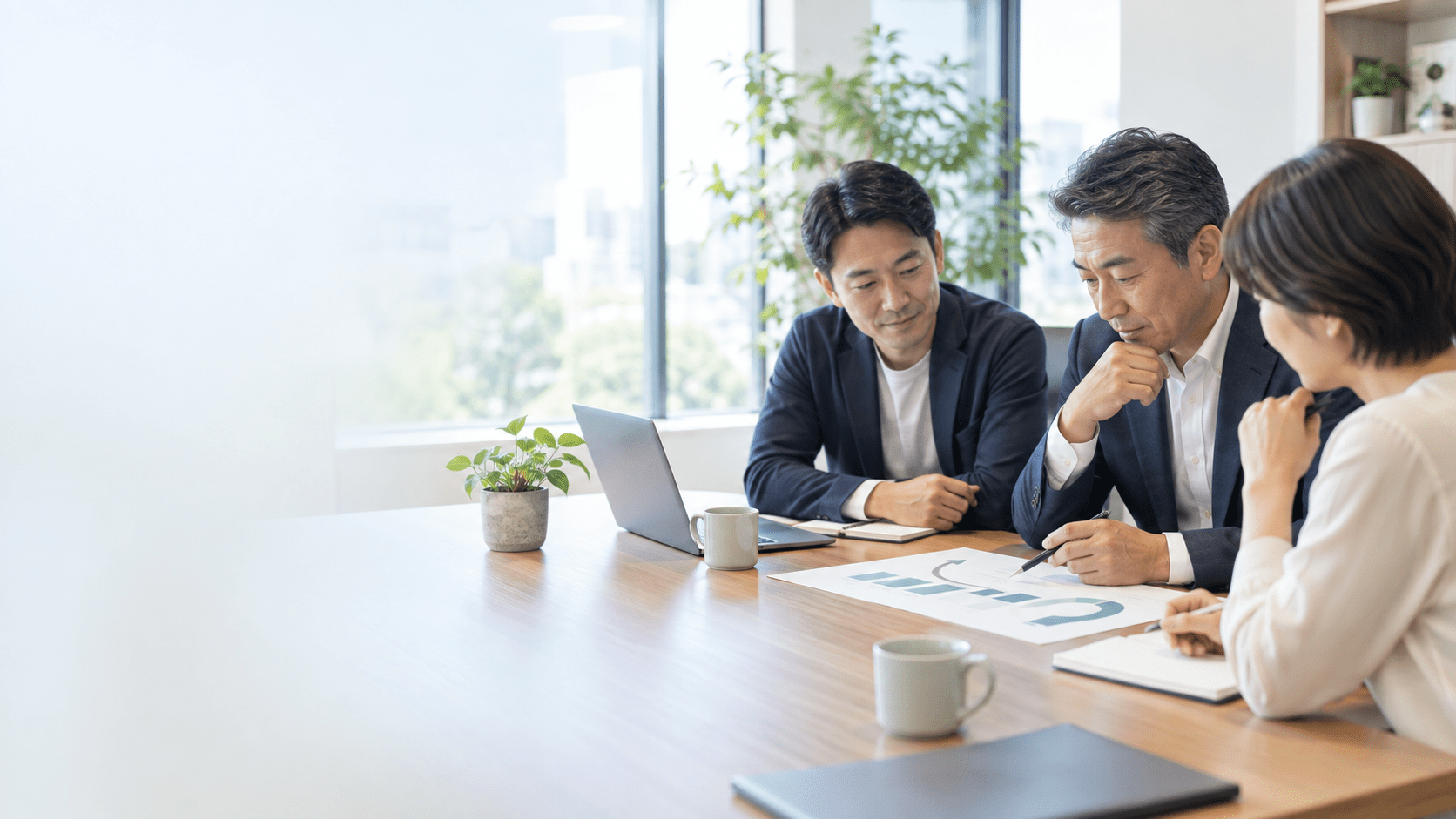 経営者とチームが会社の将来を見据えて事業の状況を確認している様子